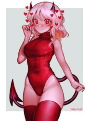 Rule 34 | 1girl, absurdres, black horns, blush, breasts, bsapricot, cowboy shot, demon girl, demon horns, demon tail, grey background, heart, heart-shaped pupils, heattech leotard, helltaker, highres, horns, large breasts, leotard, looking at viewer, modeus (helltaker), nail polish, red eyes, red thighhighs, ribbed leotard, short hair, simple background, solo, symbol-shaped pupils, tail, thighhighs, turtleneck, wavy mouth, white hair