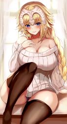 Rule 34 | 1girl, absurdres, ahoge, bare shoulders, black thighhighs, blonde hair, blue eyes, braid, breasts, casual, cleavage, collarbone, curtains, fate/grand order, fate (series), hand on own chest, headpiece, highres, indoors, jeanne d&#039;arc (fate), jeanne d&#039;arc (ruler) (fate), knee up, kuro (tbm9187), large breasts, long hair, long sleeves, looking at viewer, off-shoulder sweater, off shoulder, panties, purple panties, ribbed sweater, short hair, sidelocks, sitting, smile, solo, sweater, table, thighhighs, thighs, underwear, white sweater, yellow eyes