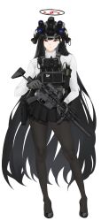 Rule 34 | 1girl, absurdres, alternate costume, black footwear, black gloves, black hair, black pantyhose, black skirt, blue archive, breasts, fte (fifteen 199), full body, gloves, gun, halo, helmet, highres, holding, holding gun, holding weapon, large breasts, long hair, long sleeves, looking at viewer, open mouth, pantyhose, pleated skirt, red eyes, rio (blue archive), shoes, simple background, skirt, solo, sweater, very long hair, weapon, white background, white sweater