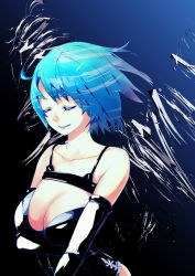 Rule 34 | 1girl, ahoge, bad id, bad pixiv id, bare shoulders, blue hair, breasts, cleavage, detached sleeves, elbow gloves, closed eyes, face, gloves, large breasts, lipstick, maeda risou, makeup, original, science fiction, short hair, solo