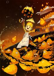 Rule 34 | 1girl, apron, arms up, artist name, black gloves, blonde hair, cat, croquette, demizu posuka, food, frying pan, gloves, holding, holding umbrella, liquid, looking at viewer, multicolored clothes, multicolored headwear, open mouth, orange eyes, original, oversized object, shirt, sidelocks, smile, standing, standing on one leg, striped clothes, striped shirt, tongue, umbrella, white apron