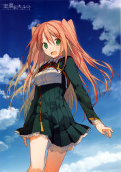 Rule 34 | 10s, 1girl, :d, absurdres, akinashi yuu, blue sky, cloud, day, framed breasts, green eyes, highres, koi to senkyo to chocolate, open mouth, orange hair, scan, scan artifacts, school uniform, sky, smile, solo, sumiyoshi chisato, two side up