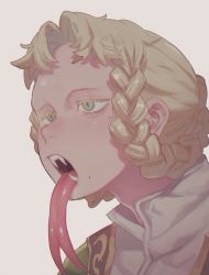 Rule 34 | 1girl, blonde hair, braid, braided hair rings, elden ring, fangs, fangs out, forked tongue, green eyes, hair rings, half-closed eyes, highres, long eyelashes, long tongue, looking to the side, mole, mole under mouth, norasame (dagako), open mouth, parted bangs, portrait, rya (elden ring), short hair, simple background, slit pupils, solo, spoilers, tongue, white background