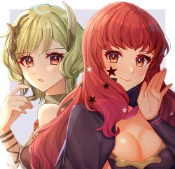 Rule 34 | 2girls, blonde hair, bracelet, breasts, citrinne (fire emblem), cleavage, cleavage cutout, closed mouth, clothing cutout, earrings, edamameoka, facial mark, feather hair ornament, feathers, fire emblem, fire emblem engage, hair ornament, highres, jewelry, long hair, looking at another, looking at viewer, medium breasts, multiple girls, nintendo, orange eyes, red eyes, red hair, short hair, smile, star (symbol), star hair ornament, yunaka (fire emblem)