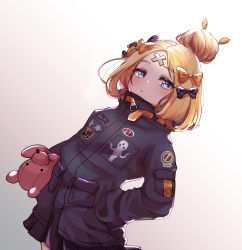 Rule 34 | 1girl, abigail williams (fate), abigail williams (traveling outfit) (fate), black bow, black jacket, blonde hair, blue eyes, bow, brown background, closed mouth, commentary request, crossed bandaids, dutch angle, echu, fate/grand order, fate (series), gradient background, hair bow, hair bun, hand on own hip, highres, jacket, long hair, long sleeves, looking at viewer, hugging object, official alternate costume, orange bow, parted bangs, polka dot, polka dot bow, single hair bun, sleeves past fingers, sleeves past wrists, solo, star (symbol), stuffed animal, stuffed toy, teddy bear, white background