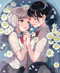 Rule 34 | 2girls, bandaid, black hair, black skirt, blush, bow, bowtie, closed eyes, crying, crying with eyes open, flower, from above, green eyes, highres, holding hands, interlocked fingers, looking at viewer, multiple girls, open mouth, original, partially submerged, petals, purple bow, purple neckwear, school uniform, see-through, shigure ui, shirt, short hair, silver hair, skirt, tears, upper body, water, wet, wet clothes, wet shirt, white flower, white shirt