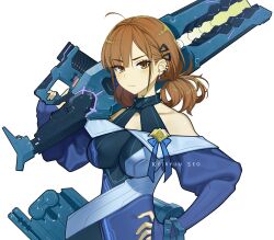 1girl absurdres bare_shoulders blue_dress breasts brown_eyes brown_hair cyberpunk dress earrings gun hair_ornament hairclip hand_on_own_hip highres holding holding_gun holding_weapon jewelry keiryuu_seo long_sleeves looking_at_viewer mecha original ribbon robot short_twintails solo twintails weapon