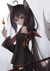 Rule 34 | 1girl, ahoge, animal ears, arm up, bare shoulders, black hair, black hoodie, bow, commentary request, detached sleeves, fire, fire, fox ears, fox girl, fox tail, hair between eyes, hair bow, hayashi maka, highres, holding, holding sword, holding weapon, hololive, hood, hoodie, kurokami fubuki, long hair, looking at viewer, looking to the side, neckerchief, pentagram, red eyes, red neckerchief, sidelocks, simple background, solo, sword, tail, virtual youtuber, weapon, white background