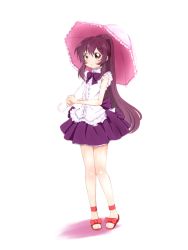 Rule 34 | 1girl, bad id, bad pixiv id, bow, dress, full body, highres, long hair, looking at viewer, mizushima (p201112), open mouth, ponytail, purple eyes, purple hair, sandals, shoes, simple background, solo, sugiura ayano, umbrella, white background, yuru yuri