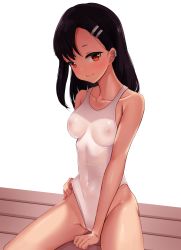 Rule 34 | 1girl, absurdres, bare shoulders, bench, black hair, breasts, brown eyes, collarbone, competition swimsuit, covered navel, dark-skinned female, dark skin, hair ornament, hairclip, highleg, highres, ijiranaide nagatoro-san, long hair, looking at viewer, minted, nagatoro hayase, nipples, on bench, one-piece swimsuit, partially visible vulva, see-through, short eyebrows, simple background, sitting, small breasts, smile, solo, swimsuit, thighs, wet, wet clothes, white background, white one-piece swimsuit