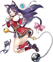 Rule 34 | 1girl, animal, animal ears, artist request, ball and chain (weapon), bell, blue eyes, blue hair, boots, bow, bug, butterfly, capelet, cat, cat ears, cat girl, cat tail, chain, clarissa (epic seven), collar, dark blue hair, dress, epic seven, fang, flat chest, floating, floating hair, hands up, insect, knee boots, long sleeves, neck bell, official art, open mouth, paw pose, red footwear, skin fang, sleeve cuffs, solo, tail, tail bow, tail ornament, third-party source, transparent background