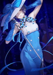 Rule 34 | 1girl, arm up, armpits, bare shoulders, black eyes, black hair, blue bow, blue gloves, blue ribbon, blurry, blurry background, bow, cello, checkered neckerchief, closed mouth, commentary, dress, dutch angle, earrings, elbow gloves, english text, gloves, hand on own head, hat, hat bow, highres, holding, holding microphone, instrument, jewelry, kaoming, light particles, microphone, microphone stand, mixed-language commentary, neckerchief, one eye covered, paid reward available, ribbon, short hair, sidelocks, sleeveless, sleeveless dress, smile, solo focus, stage, standing, sun hat, suntory, suntory nomu, text print, tilted headwear, two-tone dress, virtual youtuber, white headwear