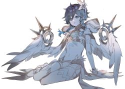 Rule 34 | 1boy, absurdres, black hair, blue hair, braid, feathered wings, feathers, flower, genshin impact, gradient hair, hair flower, hair ornament, hand on floor, highres, leg tattoo, long sleeves, looking at viewer, male focus, midriff, multicolored hair, navel, pantyhose, shorts, simple background, sitting, solo, tattoo, tkt (tango 0906), tongue, tongue out, trap, twin braids, venti (archon) (genshin impact), venti (genshin impact), white background, white pantyhose, wings, yokozuwari