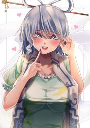 Rule 34 | 1girl, :d, absurdres, aqua dress, blue eyes, blue hair, blue nails, blush, breasts, collarbone, dress, drill hair, finger to mouth, hair behind ear, hair ornament, hair rings, hair stick, hand up, heart, highres, kaku seiga, large breasts, looking at viewer, mahoro (minase mahoro), medium hair, nail polish, open mouth, puffy short sleeves, puffy sleeves, short sleeves, simple background, smile, solo, touhou, upper body, vest, white background, white vest