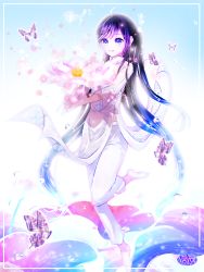 Rule 34 | ahoge, artist name, breasts, bug, butterfly, closed mouth, commentary request, cupping hands, dated, dot nose, dress, floral print, flower, framed, half updo, highres, hoshikawa yayoi (pixiv), insect, light particles, long hair, looking at flowers, lotus, original, own hands together, pants, purple eyes, purple hair, sleeves past elbows, small breasts, smile, soles, standing, standing on one leg, tiptoes, very long hair, vietnamese dress, water drop, white dress, white pants, wind, wind lift