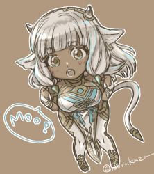 Rule 34 | 1girl, animal ears, ash (fire emblem), bare shoulders, black horns, blunt bangs, blush, breasts, brown background, brown eyes, chibi, commentary, cow ears, cow girl, cow horns, cow tail, dark-skinned female, dark skin, dress, fire emblem, fire emblem heroes, horns, large breasts, long hair, looking at viewer, nintendo, open mouth, pelvic curtain, simple background, sleeveless, sleeveless dress, solo, sorakaza, speech bubble, tail, twitter username, white dress, white hair, white legwear