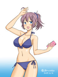 Rule 34 | 1girl, aoba (kancolle), bikini, blue bikini, blue eyes, blue scrunchie, breasts, cellphone, cleavage, commentary request, cowboy shot, dated, front-tie top, geru, gradient background, hair ornament, hair scrunchie, kantai collection, large breasts, looking at viewer, one-hour drawing challenge, open mouth, phone, ponytail, purple hair, scrunchie, side-tie bikini bottom, smile, solo, swimsuit, twitter username