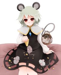 Rule 34 | 1girl, animal ears, arano oki, basket, capelet, cheese, empty eyes, female focus, food, grey hair, holding, holding with tail, jewelry, md5 mismatch, mouse (animal), mouse ears, mouse tail, nazrin, pendant, prehensile tail, red eyes, short hair, tail, touhou