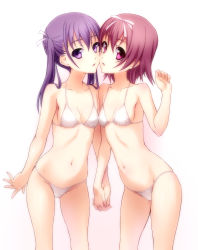 Rule 34 | 2girls, :o, absurdres, bikini, bow, breasts, brown hair, cheek-to-cheek, cleavage, collarbone, hair bow, hair ribbon, halterneck, heads together, highres, holding hands, long hair, looking at viewer, multiple girls, navel, norizou type-r, original, pink eyes, purple eyes, purple hair, ribbon, short hair, simple background, small breasts, swimsuit, twintails, white background