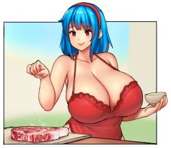Rule 34 | 1girl, bare shoulders, blue hair, bowl, breasts, chemise, cleavage, closed mouth, collarbone, commentary, cooking, cutting board, english commentary, erkaz, food, hairband, halterneck, highres, holding, holding bowl, huge breasts, meat, medium hair, original, red eyes, red hairband, rina atherina, salt, smile, solo, veins, veiny breasts