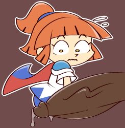 Rule 34 | 1girl, arle nadja, armor, blue cape, blunt bangs, brown background, cape, closed mouth, constricted pupils, erection, flying sweatdrops, from side, hair tie, jaggy lines, large penis, looking down, nervous, orange hair, outline, penis, ponytail, precum, puyopuyo, shirt, short sleeves, shoulder armor, sidelocks, simple background, solo focus, standing, two-sided cape, two-sided fabric, upper body, veins, veiny penis, vilepluff, wavy mouth, white outline, white shirt, wide-eyed, yellow eyes