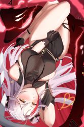 Rule 34 | 1girl, absurdres, antenna hair, azur lane, black dress, black gloves, black ribbon, breasts, cafenami, clothing cutout, dress, evening gown, gloves, hair ribbon, heart, highres, large breasts, long hair, looking at viewer, lying, multicolored hair, official alternate costume, on back, prinz eugen (azur lane), prinz eugen (cordial cornflower) (azur lane), red hair, revision, ribbon, shoulder cutout, solo, streaked hair, thighs, two-tone hair, upside-down, white hair, yellow eyes