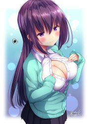 Rule 34 | 1girl, angry, black skirt, black thighhighs, blush, breasts, bursting breasts, cardigan, cleavage, closed mouth, collared shirt, from above, green cardigan, highres, large breasts, long hair, long sleeves, miniskirt, mokufuu, open clothes, open shirt, original, pleated skirt, purple eyes, purple hair, shirt, signature, skirt, solo, spoken squiggle, squiggle, standing, thighhighs, white shirt, zettai ryouiki
