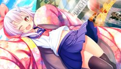 Rule 34 | 1girl, ;d, black thighhighs, blue sky, bow, cloud, crack, day, dutch angle, floral print, game cg, hair bow, highres, horns, looking at viewer, navel, nekone nen, official art, one eye closed, oni horns, open mouth, outdoors, purple hair, red bow, red eyes, robe, school uniform, serafuku, short hair, sky, smile, standing, thighhighs, x-overd