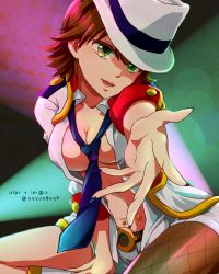 Rule 34 | 1girl, asymmetrical clothes, asymmetrical legwear, awakened miki, breasts, brown hair, cleavage, fedora, green eyes, hat, highres, hoshii miki, idolmaster, idolmaster (classic), large breasts, necktie, open mouth, outstretched arm, outstretched hand, parody, short hair, shorts, smile, solo, uneven legwear, uta no prince-sama, yuyu (yuyurhythm)