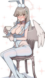 Rule 34 | 1girl, absurdres, alternate costume, angel wings, azur lane, blue archive, blush, breasts, brown hair, chair, cosplay, cup, embarrassed, feet out of frame, halo, highres, large breasts, le malin (azur lane), le malin (listless lapin) (azur lane), le malin (listless lapin) (azur lane) (cosplay), leotard, nagisa (blue archive), omurainu, overalls, plate, playboy bunny, rabbit ears, sitting, smile, sweat, thighhighs, tiara, white thighhighs, wings, wrist cuffs, yellow eyes