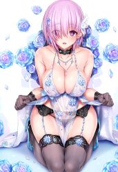 Rule 34 | 1girl, artoria pendragon (lancer alter) (fate), artoria pendragon (lancer alter) (royal icing) (fate), babydoll, bare shoulders, black panties, blue flower, blue gk, blue rose, blush, breasts, choker, cleavage, clothes lift, collarbone, covered erect nipples, earrings, fate/grand order, fate (series), flower, garter belt, gloves, grey gloves, grey thighhighs, hair flower, hair ornament, hair over one eye, high heels, highres, hip focus, jewelry, kneeling, large breasts, light purple hair, lingerie, looking at viewer, mash kyrielight, necklace, official alternate costume, open mouth, panties, puffy nipples, purple eyes, rose, royal icing, see-through, seiza, short hair, simple background, sitting, smile, snowflake earrings, snowflake hair ornament, snowflake print, solo, thighhighs, thighs, underwear, white background