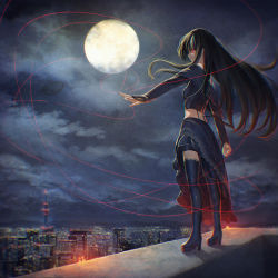 Rule 34 | 1girl, album cover, asymmetrical clothes, bad id, bad pixiv id, black hair, black thighhighs, boots, city lights, cityscape, cloud, cover, full moon, high heel boots, high heels, ibuki notsu, long hair, long sleeves, moon, night, original, red eyes, shirt, skirt, skirt set, sky, solo, star (sky), starry sky, string, string of fate, thighhighs, tokyo tower, very long hair, wind, zettai ryouiki