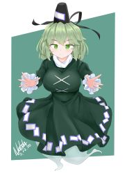 Rule 34 | 1girl, absurdres, black hat, border, breasts, closed mouth, cross-laced clothes, dated, dress, frilled sleeves, frills, full body, ghost tail, green background, green dress, green eyes, green hair, hat, highres, large breasts, long sleeves, looking at viewer, natch imaycz, ofuda, ofuda on clothes, short hair, signature, simple background, smile, soga no tojiko, solo, tate eboshi, touhou, white border
