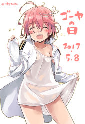 Rule 34 | 10s, 1girl, ^ ^, ^o^, ahoge, alternate costume, bare legs, blouse, closed eyes, collarbone, closed eyes, hair ornament, i-58 (kancolle), kantai collection, long sleeves, military, military uniform, naval uniform, open clothes, pink hair, shirt, short hair, smile, solo, suka, sweat, twitter username, uniform, white background, white shirt
