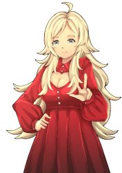 Rule 34 | 1girl, ahoge, alternate costume, blonde hair, breasts, circlet removed, closed mouth, fire emblem, fire emblem fates, fire emblem heroes, grey eyes, hand on own hip, heart keyhole dress, long hair, looking at viewer, nintendo, ophelia (fire emblem), smile, villager c