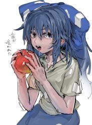 Rule 34 | 1girl, apple, blue eyes, blue hair, blue skirt, bow, dutch angle, food, fruit, grey hoodie, hair between eyes, hair bow, hakonnbo, holding, holding food, holding fruit, hood, hood down, hoodie, jaggy lines, long hair, looking at viewer, open mouth, red apple, saliva, short sleeves, simple background, skirt, solo, touhou, translated, white background, yorigami shion