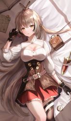 Rule 34 | 1girl, ahoge, arin7020, bad id, bad twitter id, bed, bed sheet, belt, book, breasts, brown hair, cleavage cutout, clothing cutout, compass, dagger, feather hair ornament, feathers, gloves, hair ornament, hair spread out, hairclip, hololive, hololive english, knife, large breasts, long hair, looking at viewer, lying, map, multicolored hair, nanashi mumei, on back, partially fingerless gloves, pleated skirt, ponytail, pouch, red skirt, shirt, single thighhigh, skirt, streaked hair, thigh strap, thighhighs, very long hair, virtual youtuber, weapon, white shirt, window shadow, yellow eyes