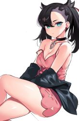 Rule 34 | 1girl, asymmetrical bangs, asymmetrical hair, bare shoulders, black jacket, blue eyes, blush, breasts, choker, cleavage, collarbone, creatures (company), crossed legs, dress, eyes visible through hair, game freak, hair ribbon, highres, jacket, long hair, long sleeves, looking at viewer, marnie (pokemon), medium breasts, ndgd, nintendo, off shoulder, open clothes, open jacket, pink dress, pokemon, pokemon swsh, red ribbon, ribbon, simple background, sitting, solo, strap slip, thighs, twintails, undercut, white background