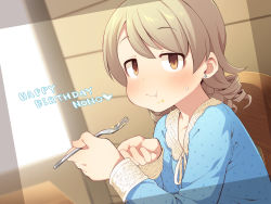 Rule 34 | 1girl, :t, bad id, bad pixiv id, blue shirt, blush, brown eyes, brown hair, chair, character name, closed mouth, commentary request, earrings, eating, food, food on face, fork, happy birthday, holding, holding fork, idolmaster, idolmaster cinderella girls, jewelry, long sleeves, looking at viewer, morikubo nono, neck ribbon, on chair, ribbon, ringlets, shirt, solo, stud earrings, sweat, table, uccow, upper body, wavy mouth, white ribbon