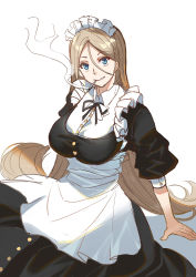 Rule 34 | 1girl, alternate costume, apron, black dress, blue eyes, braid, breasts, brown hair, cigarette, colombus (eiyuu senki), dress, eiyuu senki, hair between eyes, highres, large breasts, long hair, looking at viewer, maid, maid apron, maid headdress, mouth hold, nishitaka, puffy sleeves, simple background, sitting, sketch, smoking, solo, very long hair, white background