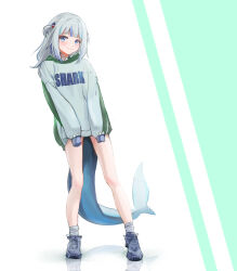 Rule 34 | 1girl, absurdres, besi (besidoesart), black footwear, blue eyes, blue hair, closed mouth, clothes writing, commentary, english commentary, english text, fins, fish tail, full body, gawr gura, green background, grey hair, grey socks, hair ornament, highres, hololive, hololive english, hood, hood down, hoodie, long hair, long sleeves, looking at viewer, multicolored hair, puffy long sleeves, puffy sleeves, reflection, shark girl, shark hair ornament, shark tail, shoes, sleeves past fingers, sleeves past wrists, smile, socks, solo, standing, streaked hair, tail, two-tone background, two side up, virtual youtuber, white background, white hoodie
