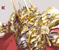 Rule 34 | armor, breastplate, cape, full armor, glowing, glowing eyes, gold armor, grey background, horns, mecha, mecha focus, multiple horns, no humans, original, pauldrons, red cape, red eyes, robot, sachito, shoulder armor, simple background, spikes