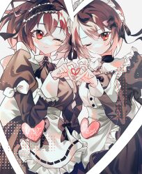 Rule 34 | 2girls, alternate costume, apron, black dress, black ribbon, blush, breasts, brown hair, character name, closed mouth, dress, frilled apron, frills, hair between eyes, hair ribbon, hairband, heart, heart hands, heart hands duo, highres, hyuuga (kancolle), ise (kancolle), juliet sleeves, kantai collection, kazeshio, lolita hairband, long sleeves, looking at viewer, maid, maid headdress, medium breasts, multiple girls, one eye closed, ponytail, puffy sleeves, red eyes, ribbon, short hair, simple background, sweat, white apron