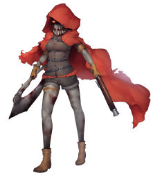 Rule 34 | 1girl, axe, bandaged arm, bandaged leg, bandages, bandana, bandana over mouth, bandolier, belt, belt buckle, black bandana, black belt, black shorts, blood, bloody weapon, boots, breasts, brown footwear, brown shirt, buckle, bullet, buttons, cape, cartridge, colored sclera, dabuki, dual wielding, full body, gloves, glowing, gun, highres, holding, holding axe, holding gun, holding weapon, hood, hood up, hooded cape, little red riding hooded mercenary, lobotomy corporation, medium breasts, multiple belts, orange eyes, orange gloves, orange sclera, project moon, red cape, shaded face, shirt, short sleeves, shorts, simple background, solo, thigh strap, torn cape, torn clothes, weapon, white background