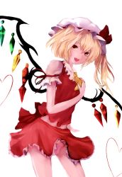 Rule 34 | 1girl, ascot, bad id, bad pixiv id, bent over, blonde hair, bow, commentary request, fang, flandre scarlet, hands on own chest, hat, hat bow, heart, looking at viewer, mob cap, nekoya (liu), open mouth, panties, pantyshot, pink panties, puffy short sleeves, puffy sleeves, red eyes, revision, sash, shirt, short sleeves, side ponytail, skirt, skirt set, smile, solo, standing, touhou, underwear, vest, wings