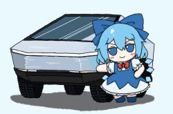 Rule 34 | 1girl, blue bow, blue dress, blue eyes, blue hair, blush stickers, bow, c:, car, cirno, commentary request, detached wings, dress, fairy wings, full body, fumo (doll), hair bow, hand on own hip, highres, ice, ice wings, koumakanbomb, leaning on object, looking at viewer, motor vehicle, simple background, smile, solo, standing, tesla cybertruck, touhou, v-shaped eyebrows, white background, wings