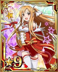 Rule 34 | 10s, 1girl, :d, argyle, argyle background, argyle clothes, asuna (sao), brown eyes, brown hair, card (medium), feathers, gloves, holding, long hair, looking at viewer, magical girl, matching hair/eyes, open mouth, pleated skirt, red skirt, ribbon, skirt, smile, solo, star (symbol), striped ribbon, sword art online, thighhighs, white feathers, white gloves, white thighhighs, wrist cuffs