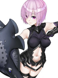 Rule 34 | 1girl, black leotard, black thighhighs, breasts, covered erect nipples, cowboy shot, elbow gloves, emokakimasu, fate/grand order, fate (series), gloves, highres, holding, leotard, mash kyrielight, medium breasts, midriff, navel, pink hair, purple eyes, purple gloves, shield, shiny skin, short hair, simple background, sleeveless, smile, solo, standing, thighhighs, white background