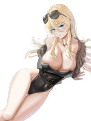Rule 34 | 1girl, azur lane, bare shoulders, bismarck (azur lane), bismarck zwei (azur lane), bismarck zwei (crystal-clear holiday) (azur lane), black leotard, blonde hair, blue eyes, breasts, commentary request, eyewear on head, groin, highres, large breasts, leotard, lom (lom lom 8), long hair, looking at viewer, parted lips, simple background, solo, strapless, strapless leotard, sunglasses, thighs, very long hair, white background