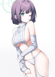 Rule 34 | 1girl, absurdres, alternate costume, blue archive, breasts, closed eyes, halo, highres, large breasts, looking at viewer, no bra, one eye closed, panties, projectorzero, ribbed sweater, saki (blue archive), short hair, simple background, sleeveless, sleeveless sweater, solo, sweater, thigh gap, twitter, underwear, white background, white panties